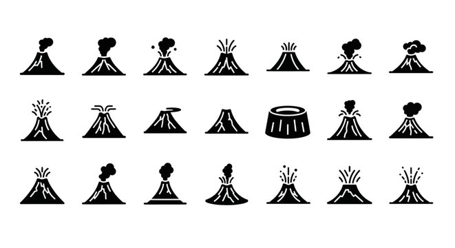 Set of black volcano vector icons. Simple glyphs depicting volcanic eruption, smoke, magma, and dormant mountains for geology and disaster concepts