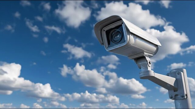 Close-up of a security camera mounted on a pole against a bright blue sky with clouds.