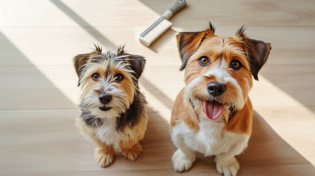 Two cheerful dogs looking up in a bright indoor setting  