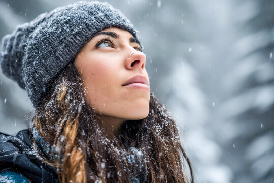 Woman wearing knitted hat looking up at falling snow in winter forest cold