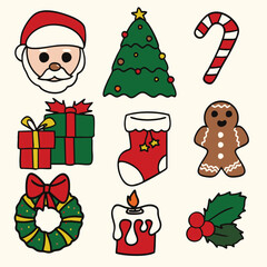 Christmas element vector illustration set, fir trees, gifts, candles, christmas socks or stockings.
