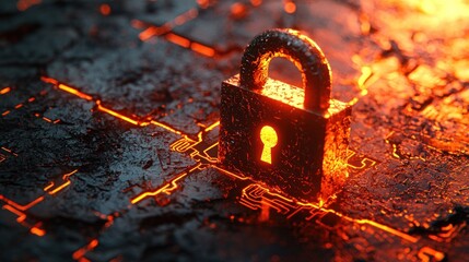 Padlock over glowing circuit board, representing data security