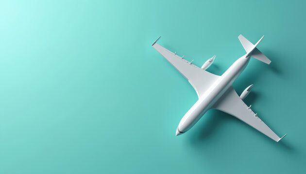 White airplane illustration on vibrant turquoise background. Modern design flight, travel concept. Aviation theme shown for booking service company. Aerial view of aircraft represents journey,