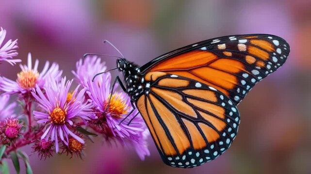 A Monarch butterfly, with orange, black, and white patterns, rests on purple flowers, close-up