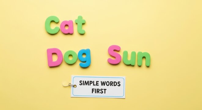 Colorful Alphabet Letters and Simple Words on a Yellow Background