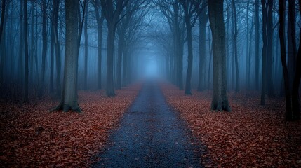 Obraz premium Path through misty woods lined with tall bare trees, covered in fallen leaves