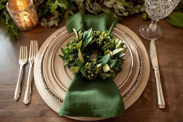 Festive christmas table setting with wreath, plate, cutlery and candle light