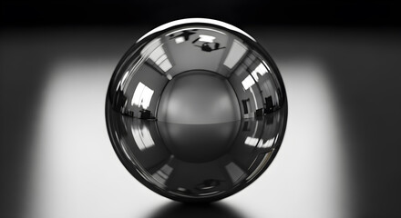 A shiny metal ball reflecting a room with windows and furniture on a dark surface with light