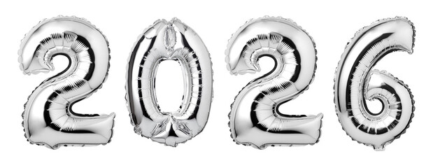 Numbers 2026 made of  silver balloons isolated on white background.New year concept