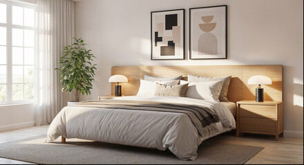 Modern minimalist bedroom interior with wooden bed, cozy bedding, abstract wall art, and natural sunlight through window 
