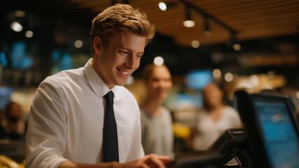 Retail cashier scanning products at busy checkout lane with customers waiting in line, surrounded by barcode readers and digital registers, representing traditional shopping, consumer behavior, and - Powered by Adobe