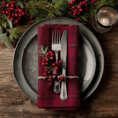 Festive christmas table setting with silver cutlery and red napkin on plate
