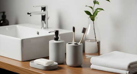 A contemporary bathroom scene featuring a white sink, light gray soap dispenser, toothbrush holder with toothbrushes, and neatly folded white towels.