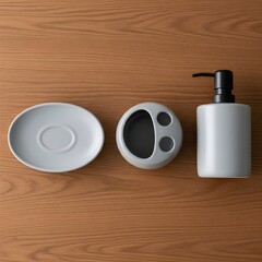 A soap dish, toothbrush holder, and lotion dispenser are arranged on a warm wooden background.