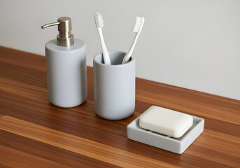 Minimalist bathroom countertop with soap dispenser, toothbrush holder, and bar soap