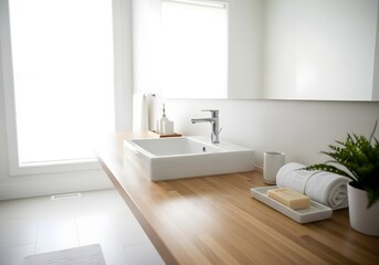 A clean and bright bathroom vanity features a wooden countertop, a modern sink, and a small plant, with natural light streaming in.