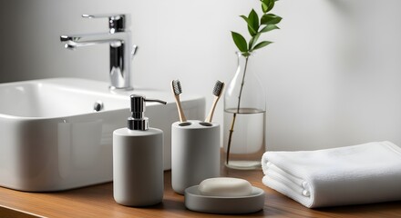 A clean and modern bathroom sink area featuring a dispenser, toothbrush holder, soap dish, and folded towels.