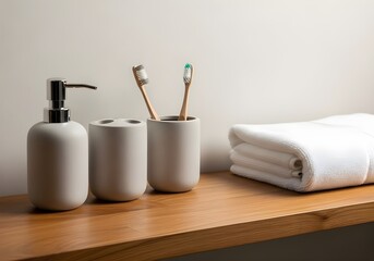 A minimalist arrangement of a soap dispenser, a toothbrush holder with toothbrushes, and a folded white towel on a wooden surface.