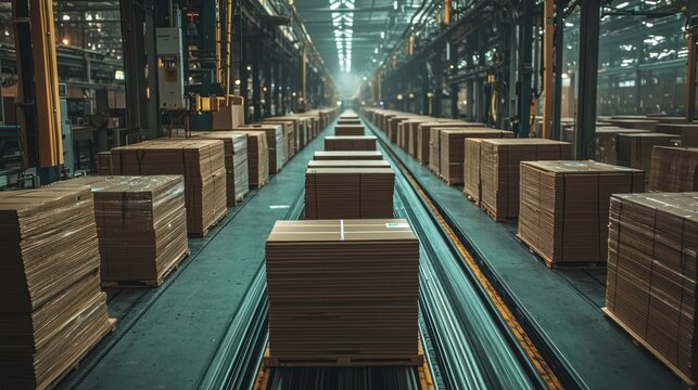 Rows of packages on conveyor belt in an industrial factory setting