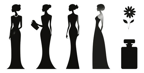 Elegant Silhouettes of Women in Fashion with Accessories on Transparent Background