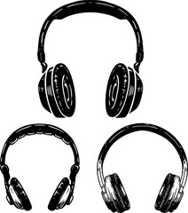 Set of illustrations of headphones. Design element for emblem, sign, badge. Vector headphones image