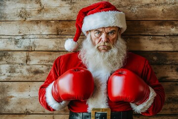 A man dressed as Santa Claus wearing boxing gloves