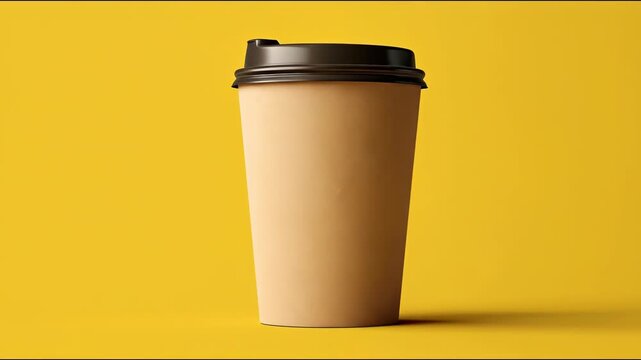 A paper coffee cup with a black lid on a yellow background.
