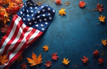 US flag with colorful autumn leaves scattered on dark blue textured background. Perfect for patriotic holiday greetings and seasonal themes. Great for fall celebrations.