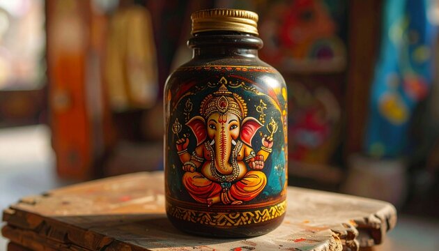 Close-up of a bottle painted in the traditional Patachitra style of Odisha, India, showing the Hindu god Ganesha.