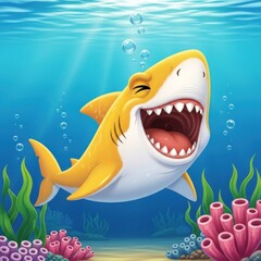 Cartoon shark smiling underwater with plants