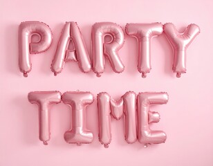 Pink metallic plastic letter balloons spelling PARTY TIME against soft pink background for festive celebration decor