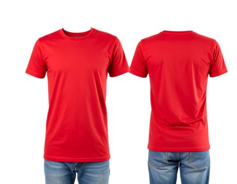 Set of white front and back view tee sweatshirt sweater long sleeve on transparent ba Back and front view of red blank jersey t-shirt mockup template.  (2)