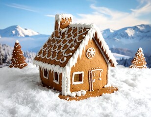 Gingerbread house in snowy scene with mountain backdrop