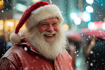 A man dressed as Santa Claus smiles as he walks in the snow
