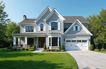 Obraz premium Luxury house exterior on sunny day. Modern home has lawn front yard and driveway. Beautiful custom residence has garage and shingle. Estate is surrounded with trees and plants.