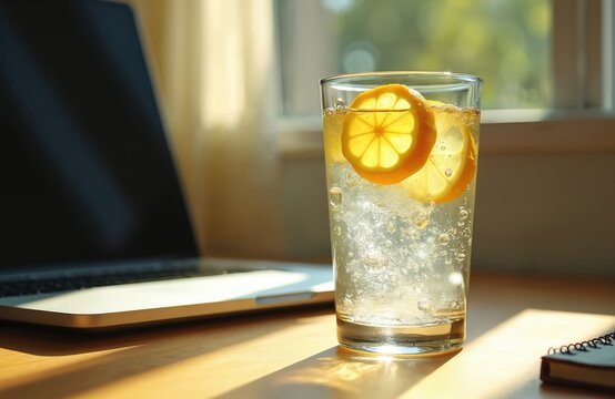 Refreshing lemon water with ice in glass on sunlit wooden desk. Modern laptop sits in bright workspace suggesting productive remote work. Healthy citrus beverage for hydration during sunny morning in