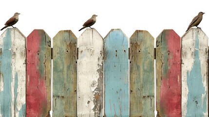 Birds Perched on a Colorful Vintage Fence with Distressed Paint in Soft Natural Light