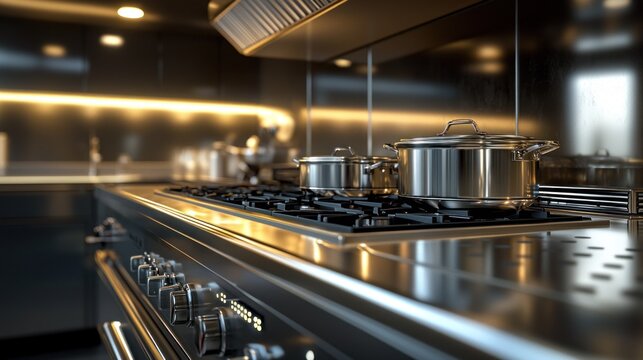Sleek, modern kitchen with stainless steel cookware on a black stovetop