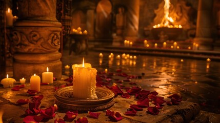 Romantic candlelit setting with scattered rose petals and soft flames illuminating an ancient stone chamber