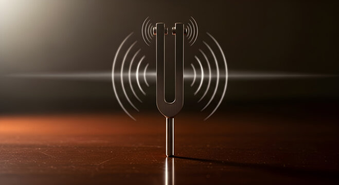 A tuning fork standing upright on a reflective surface emitting sound waves in a studio setting
