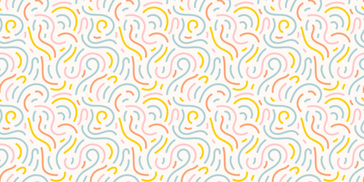 Fun colorful line doodle seamless pattern. Creative minimalist style art background for children or trendy design with basic shapes. Simple childish scribble backdrop. Vector stock background