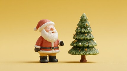 Cute miniature Santa Claus figurine beside tiny decorated Christmas tree on bright yellow background festive holiday decoration winter celebration concept for cheerful seasonal greeting card mockup