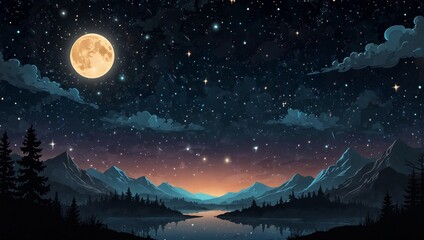 Bright full moon and sparkling stars fill the dark night sky with clouds above towering mountains dense forest and calm
