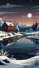 Snow covered wooden cabin beside a calm reflective river under a full moon at dusk in a snowy mountain landscape