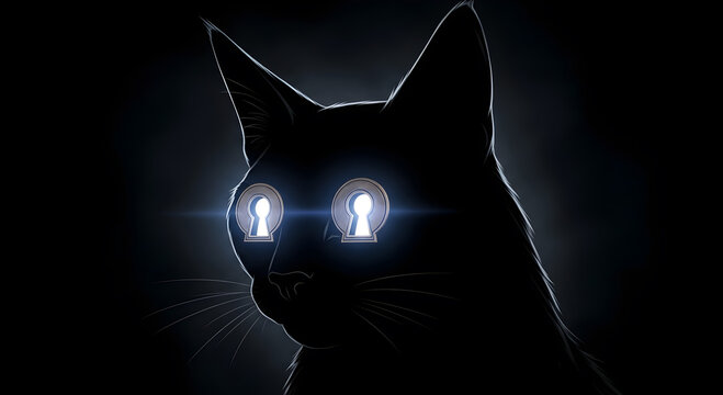 Silhouette of a cat with keyhole eyes glowing in the dark against a black background with whiskers