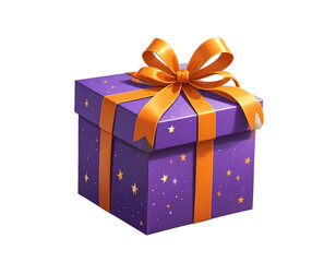 Fototapeta premium A delightful purple gift box with an orange ribbon sparkling stars a 3D icon on trans