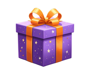 A delightful purple gift box with an orange ribbon sparkling stars a 3D icon on trans