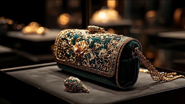 An ornate, emerald green clutch with intricate gold embellishments, rose details, & chain strap.  A matching jewel rests beside