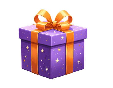 A delightful purple gift box with an orange ribbon sparkling stars a 3D icon on trans