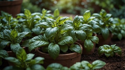 Lush green basil plants growing in terracotta pots and dark soil under soft natural sunlight